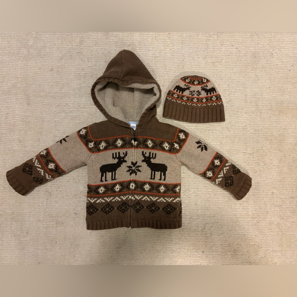 Janie and Jack Lined Hooded Sweater Jacket and Matching Hat 4T